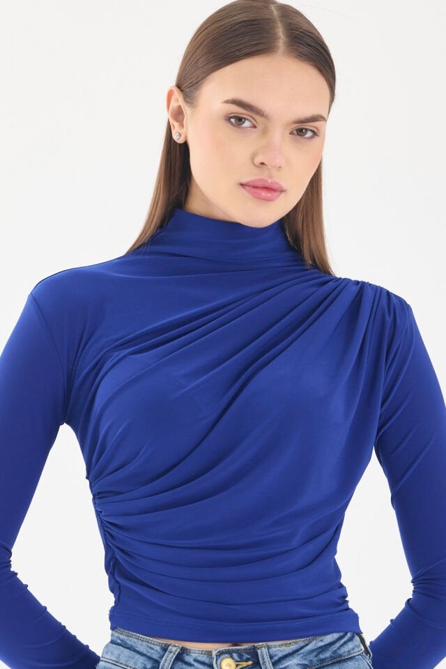 OMUZ BEL BÜZGÜLÜ SAKS BLUZ