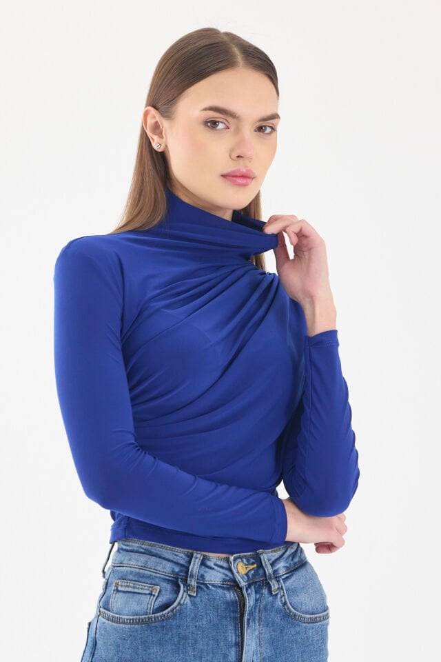OMUZ BEL BÜZGÜLÜ SAKS BLUZ