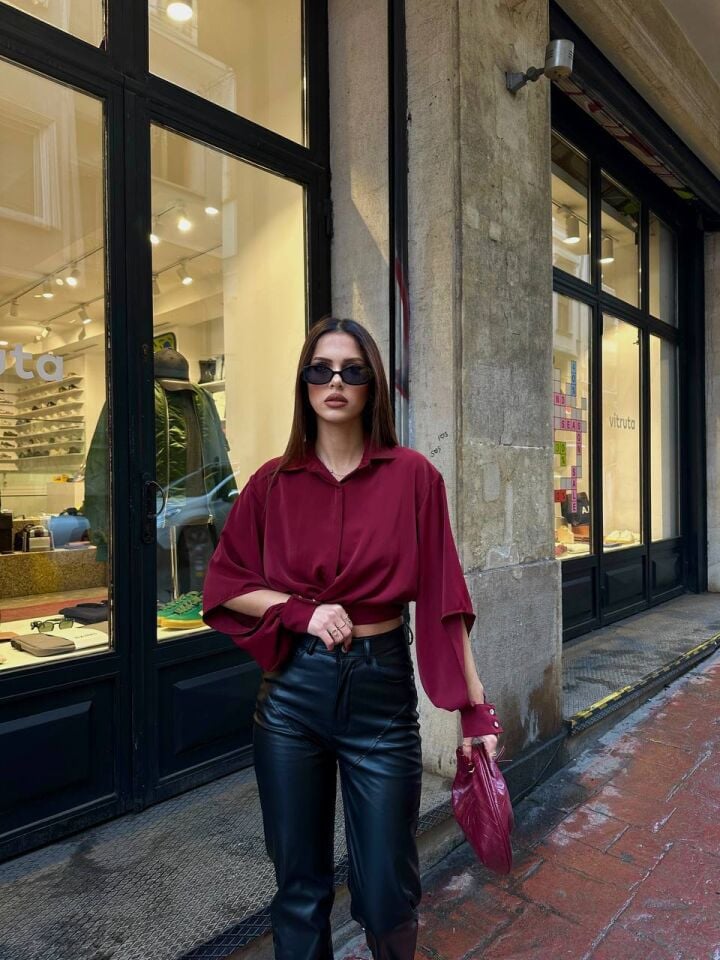 DUBAİ BELİ KUŞAKLI GÖMLEK BORDO