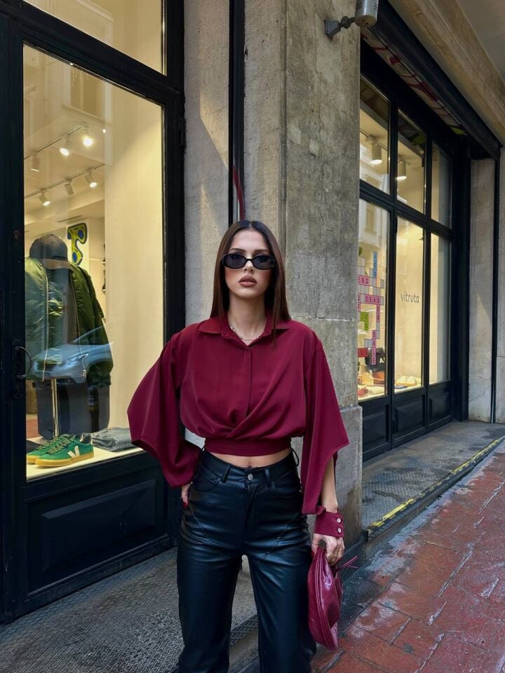 DUBAİ BELİ KUŞAKLI GÖMLEK BORDO
