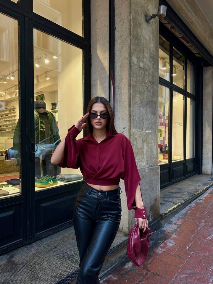 DUBAİ BELİ KUŞAKLI GÖMLEK BORDO